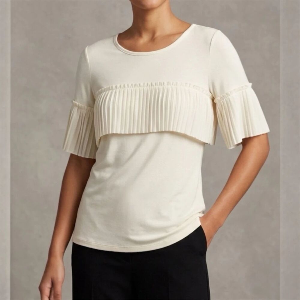 Banana Republic T-Shirt Womens M Ivory Knit Pleated Trim Top Fairy Ballet New